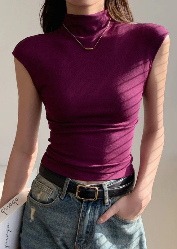Simple Purple Hign Neck Short Sleeve Yoga Top - Image 4