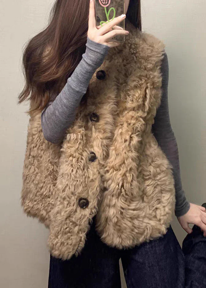 Simple Purple O Neck Button Pockets Teddy Faux Fur Waistcoat Sleeveless - Image 2