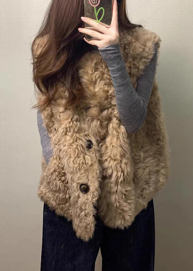 Simple Purple O Neck Button Pockets Teddy Faux Fur Waistcoat Sleeveless - Image 3