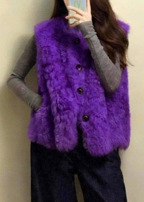 Simple Purple O Neck Button Pockets Teddy Faux Fur Waistcoat Sleeveless - Image 5