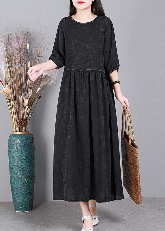 Simple Purple O-Neck Patchwork Wrinkled Jacquard Silk Maxi Dress Short Sleeve - Image 2
