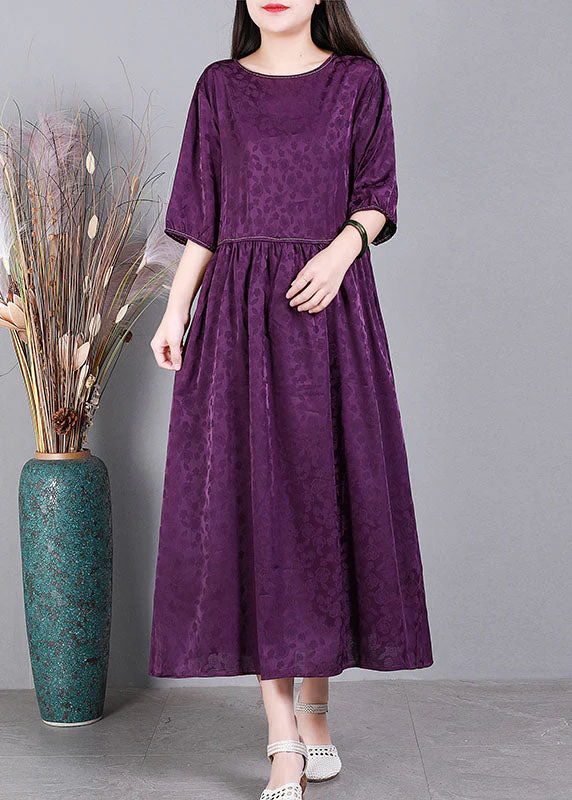 Simple Purple O-Neck Patchwork Wrinkled Jacquard Silk Maxi Dress Short Sleeve - Image 3