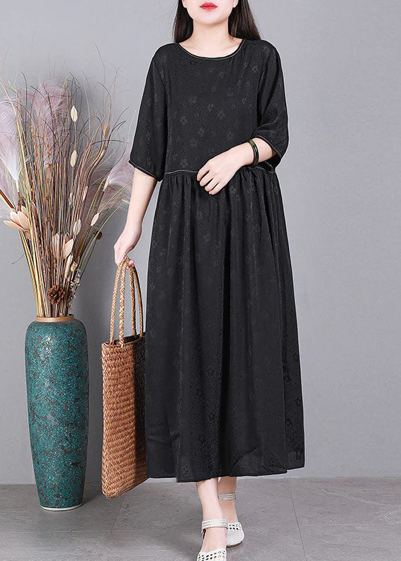 Simple Purple O-Neck Patchwork Wrinkled Jacquard Silk Maxi Dress Short Sleeve - Image 4