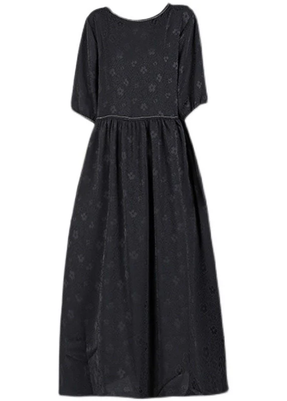Simple Purple O-Neck Patchwork Wrinkled Jacquard Silk Maxi Dress Short Sleeve - Image 5