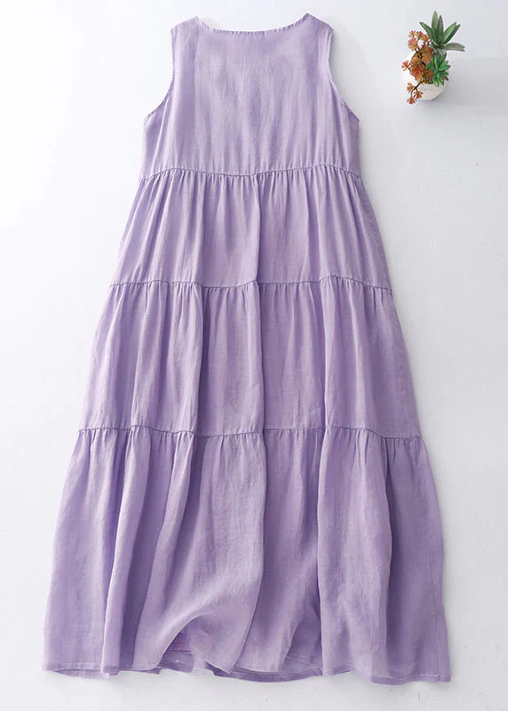 Simple Purple O-Neck Solid Cotton Long Dresses Sleeveless - Image 2