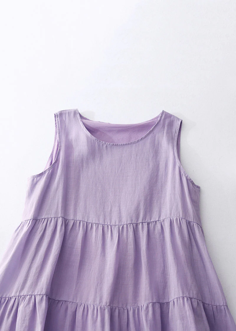 Simple Purple O-Neck Solid Cotton Long Dresses Sleeveless - Image 3