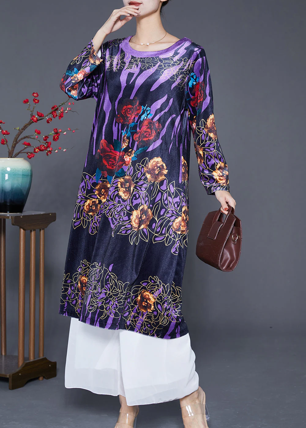 Simple Purple Oversized Print Silk Velour Holiday Dress Spring - Image 2