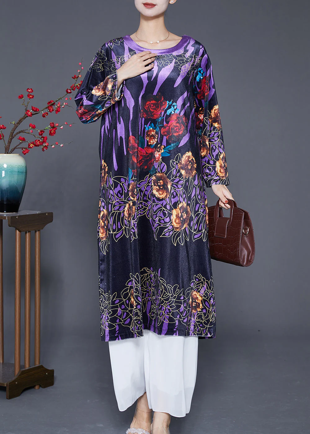 Simple Purple Oversized Print Silk Velour Holiday Dress Spring - Image 3