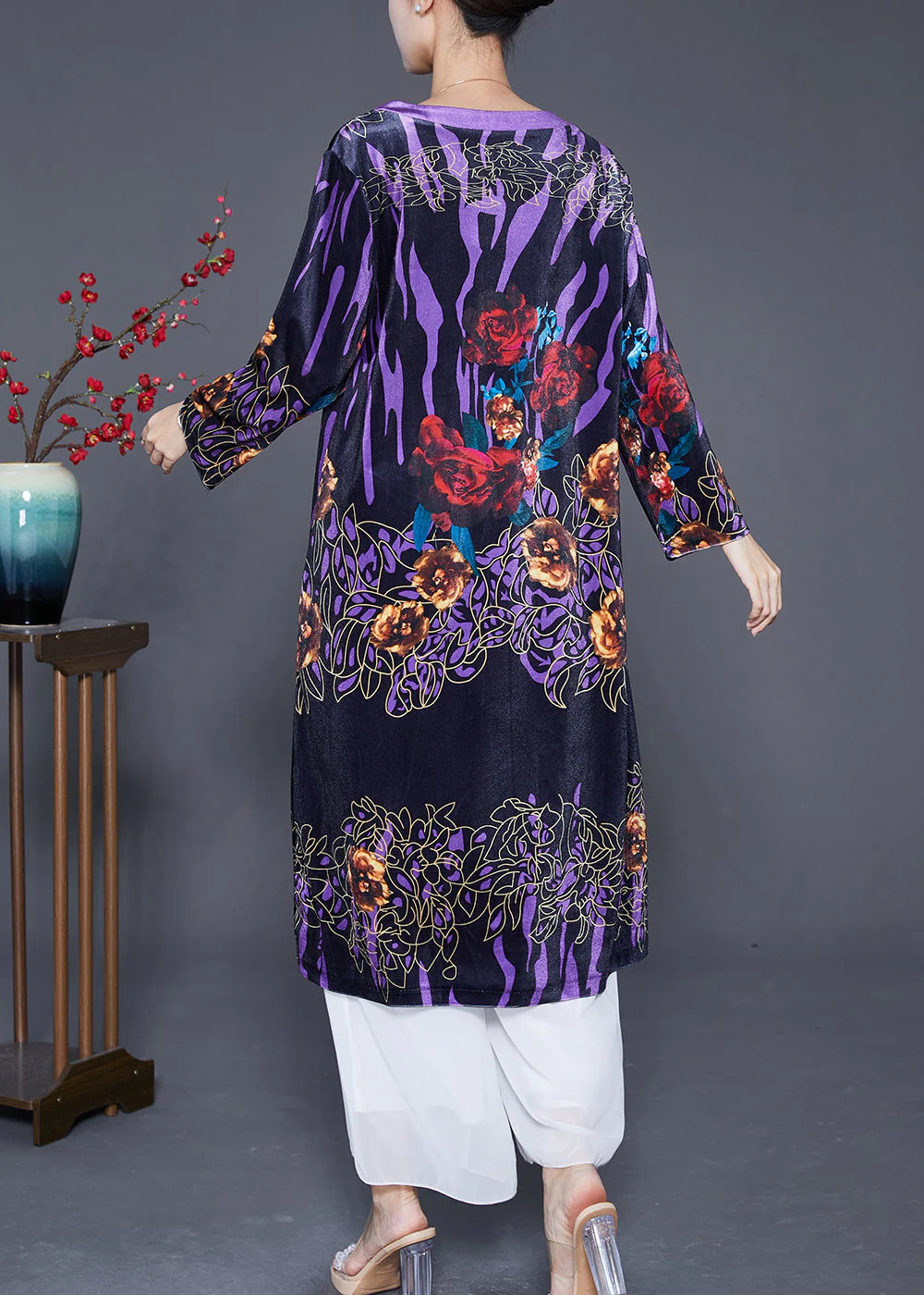 Simple Purple Oversized Print Silk Velour Holiday Dress Spring - Image 4