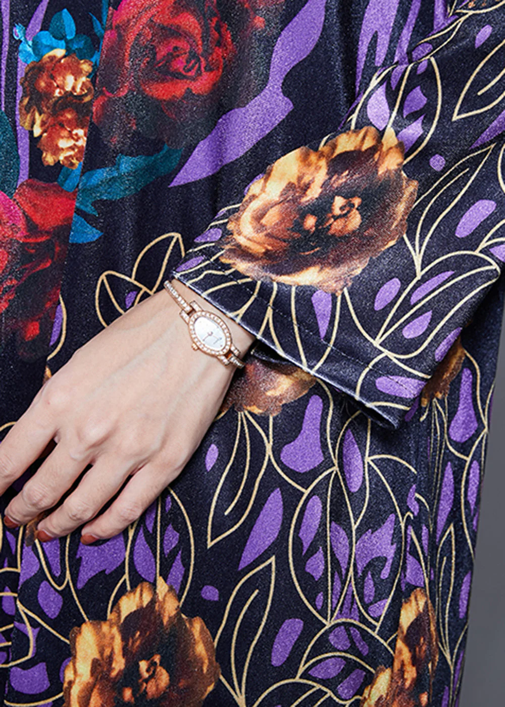 Simple Purple Oversized Print Silk Velour Holiday Dress Spring - Image 5