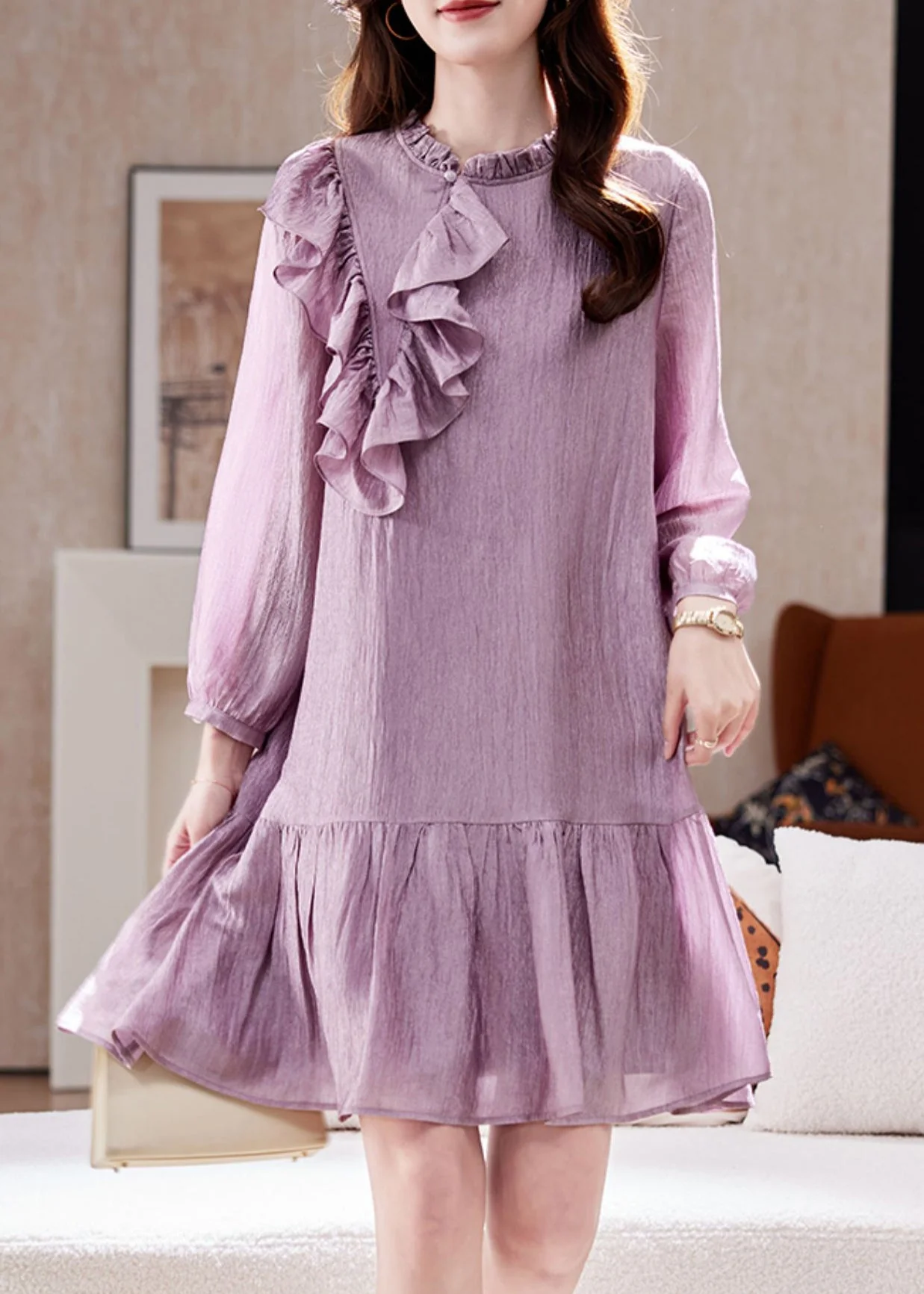 Simple Purple Stand Collar Ruffled Mid Dress Spring - Image 2