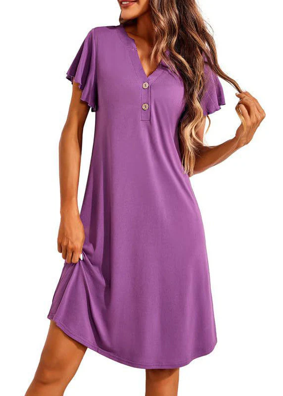 Simple Purple V Neck Button Cotton Pajamas Dress Summer - Image 5