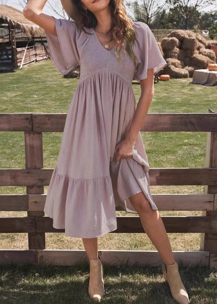 Simple Purple V Neck Wrinkled Solid Cotton Dresses Summer - Image 2