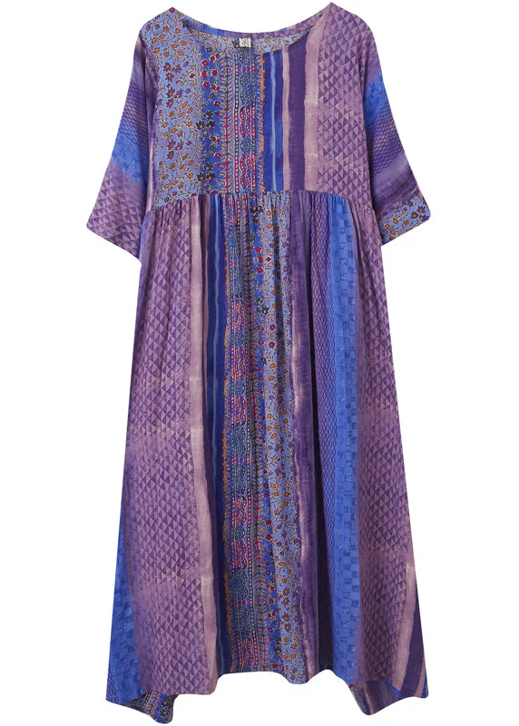 Simple Purple Wrinkled Patchwork Pockets Print Cotton Long Dress Half Sleeve - Image 5