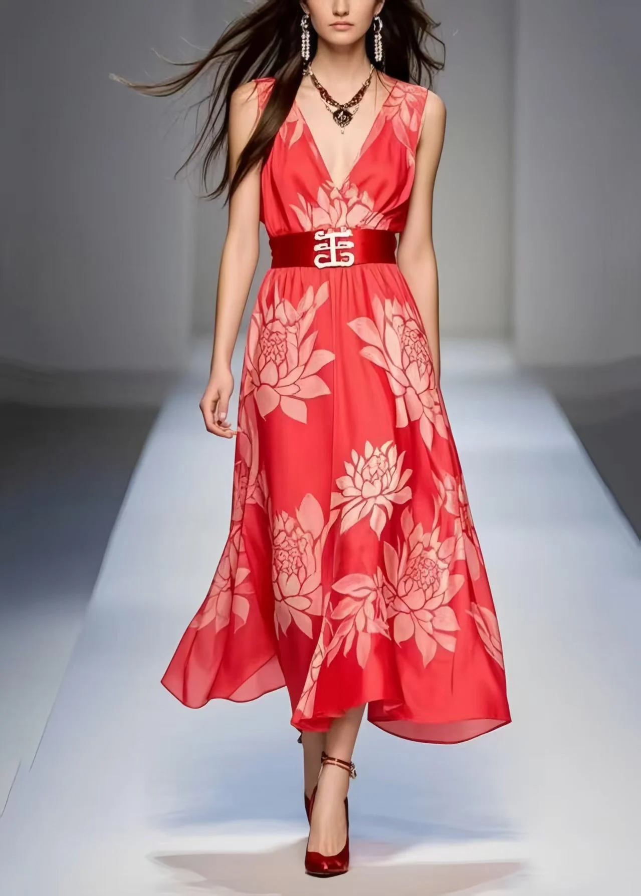 Simple Red Cinched Print Chiffon Holiday Dress Sleeveless - Image 5