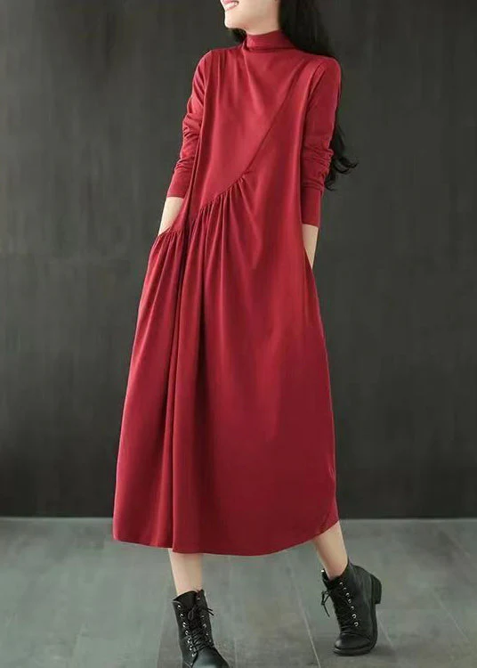 Simple Red Hign Neck Wrinkled Patchwork Cotton Long Dresses Fall - Image 2