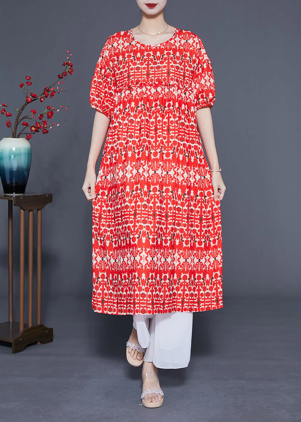Simple Red O-Neck Ruffled Print Silk Holiday Dress Summer - Image 2