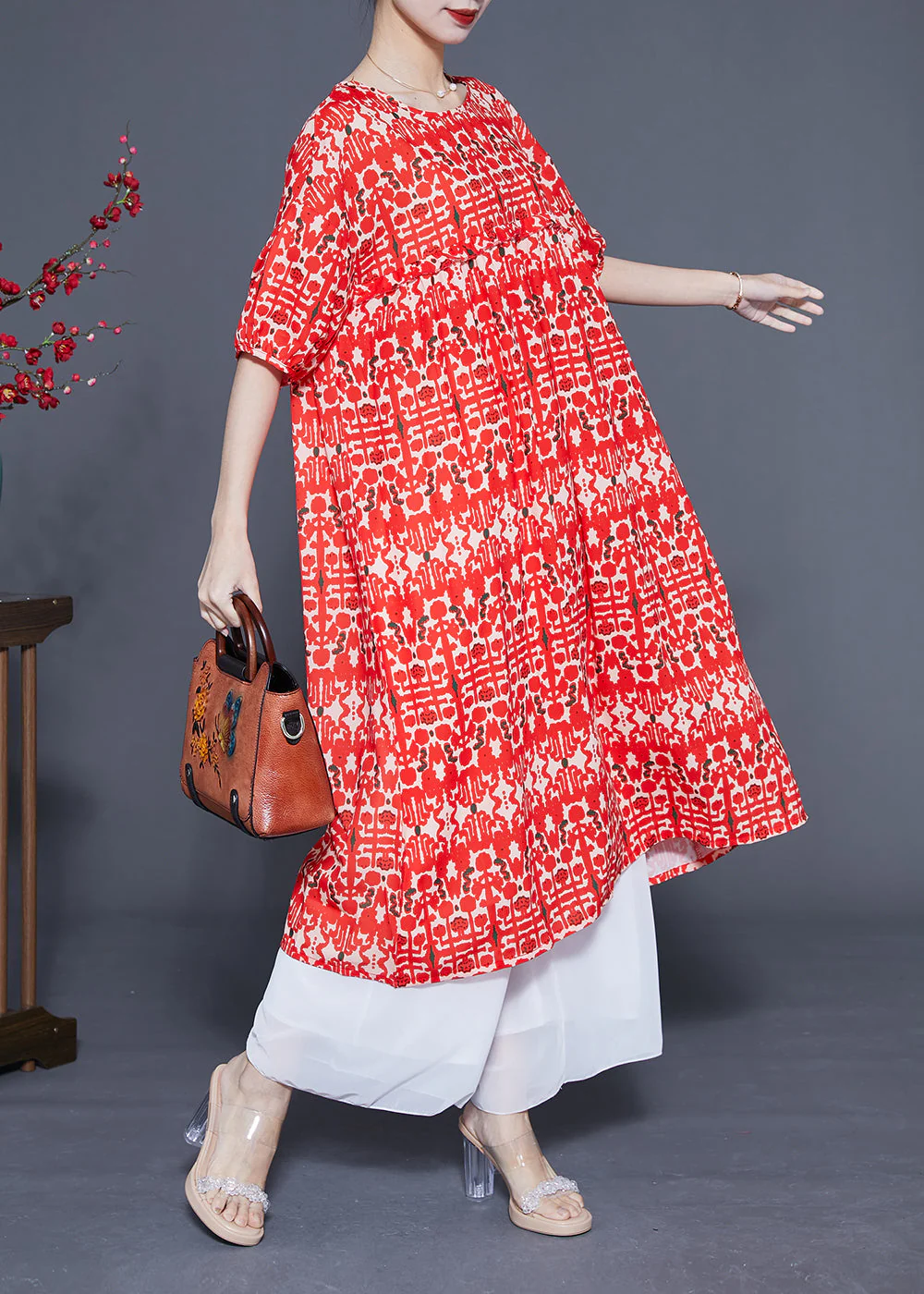 Simple Red O-Neck Ruffled Print Silk Holiday Dress Summer - Image 3