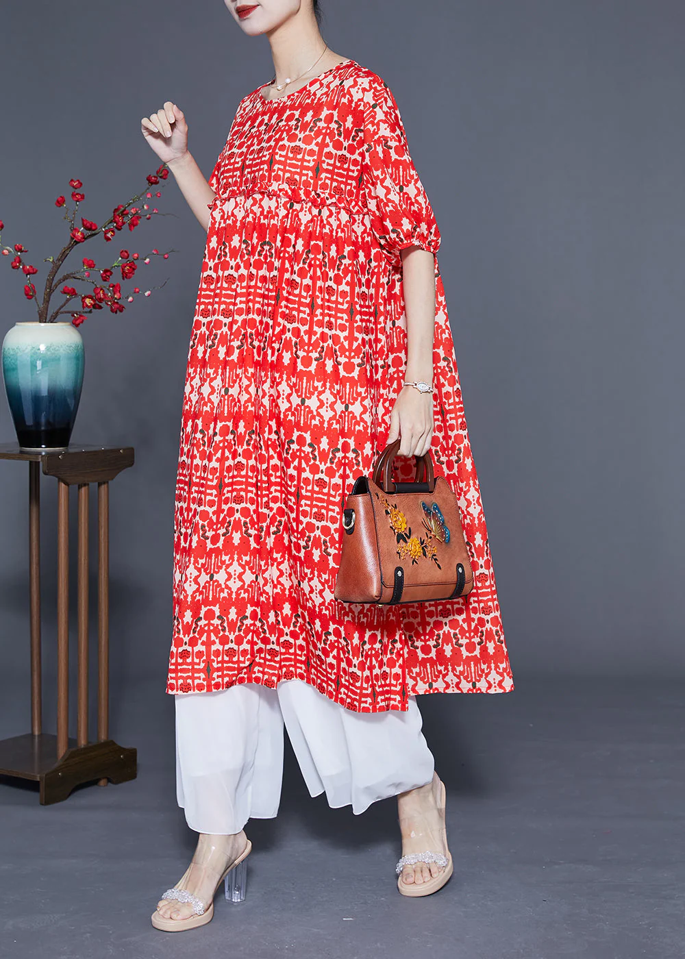 Simple Red O-Neck Ruffled Print Silk Holiday Dress Summer - Image 4