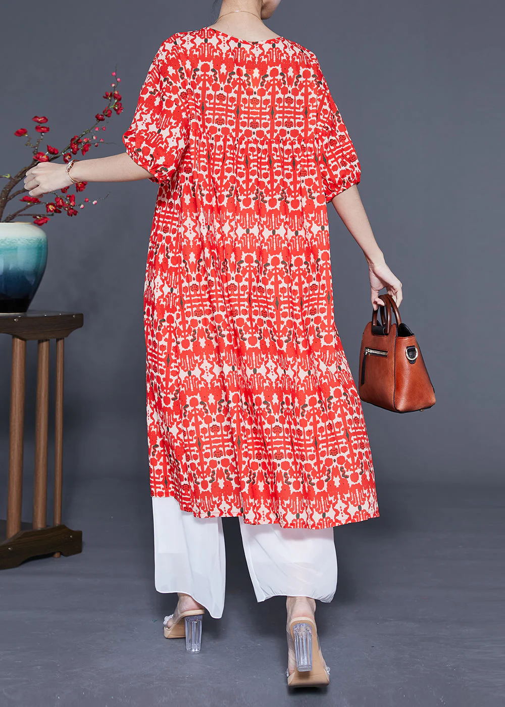 Simple Red O-Neck Ruffled Print Silk Holiday Dress Summer - Image 5