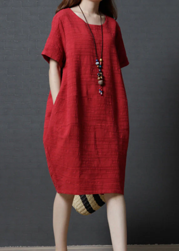 Simple Red Oversized Linen Mid Dress Summer - Image 3