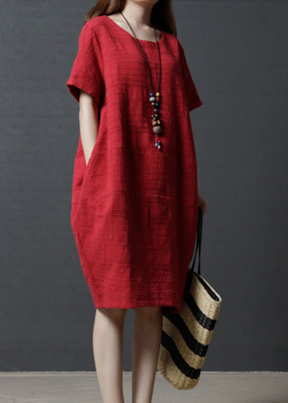 Simple Red Oversized Linen Mid Dress Summer - Image 4