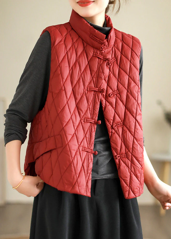 Simple Red Stand Collar Chinese Button Fine Cotton Waistcoat Sleeveless - Image 3