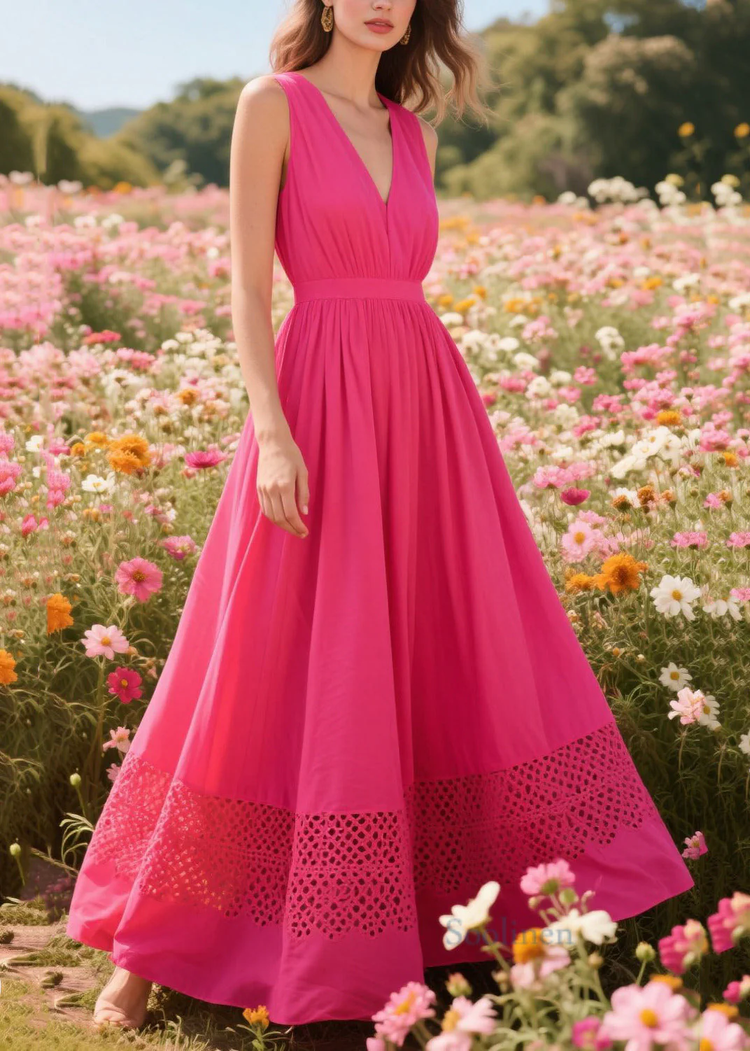 Simple Rose Patchwork Hollow Out Cotton Cami Dresses Summer - Image 3