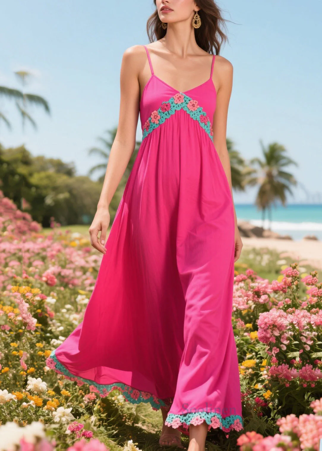 Simple Rose Patchwork Lace Cotton Beach Dress Summer - Image 3