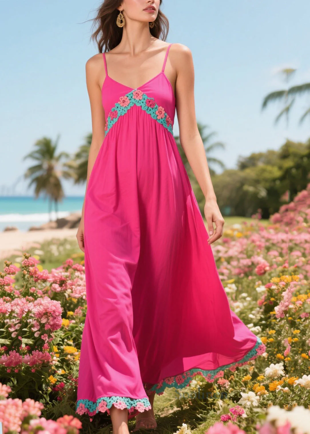 Simple Rose Patchwork Lace Cotton Beach Dress Summer - Image 5