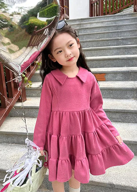 Simple Rose Patchwork Wrinkled Kids Long Dresses Fall - Image 2