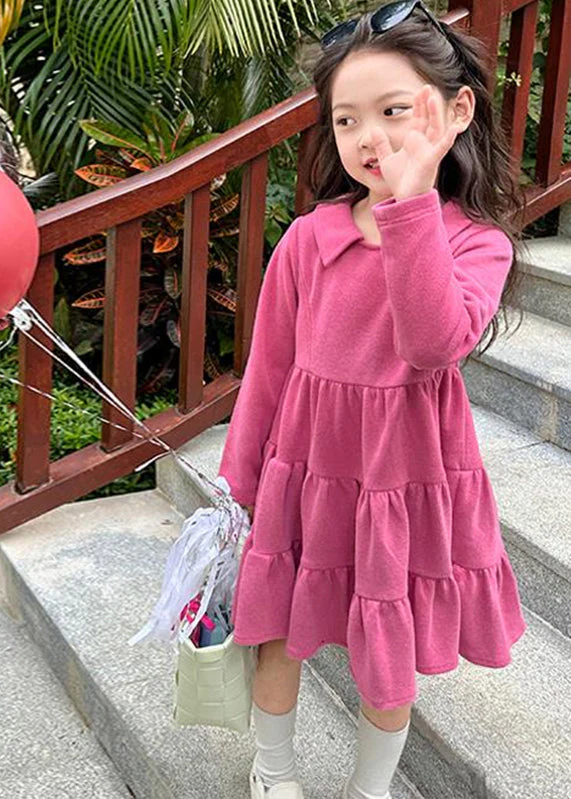 Simple Rose Patchwork Wrinkled Kids Long Dresses Fall - Image 3