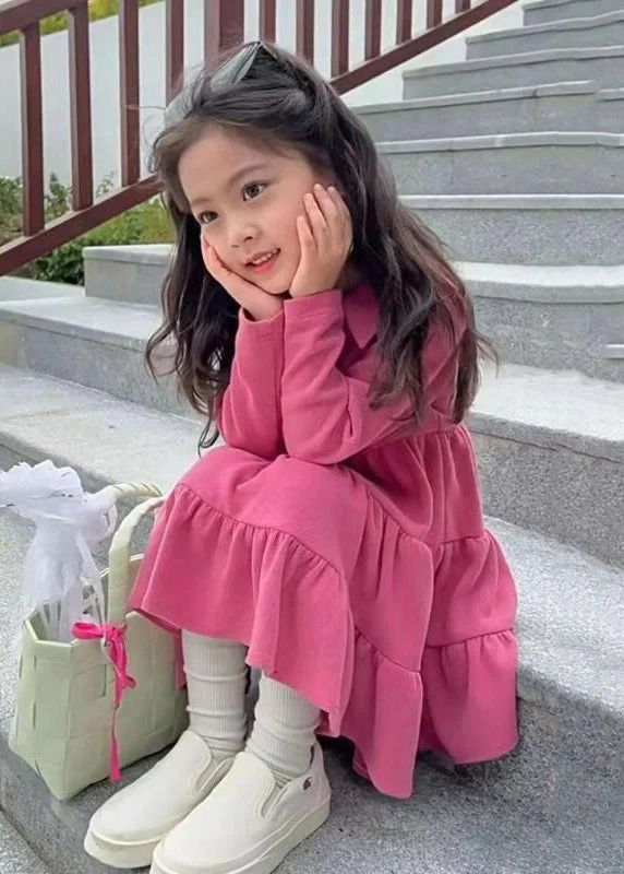 Simple Rose Patchwork Wrinkled Kids Long Dresses Fall - Image 4