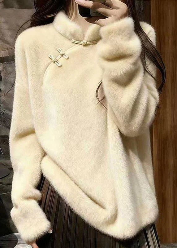 Simple Rose Stand Collar Chinese Button Mink Velvet Sweaters - Image 4