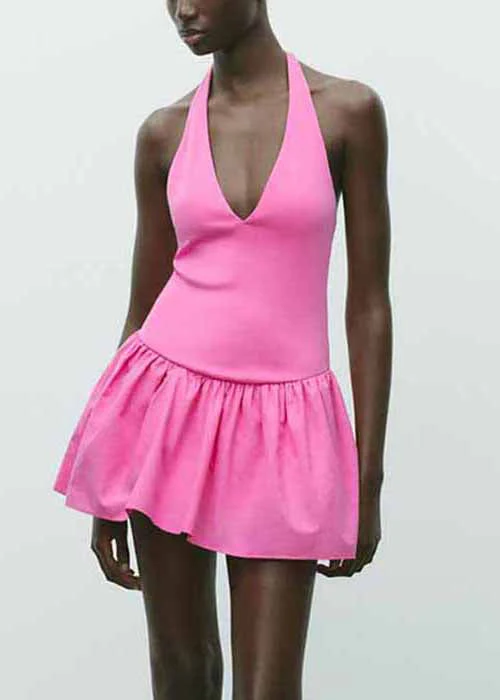 Simple Rose V Neck Lace Up Cotton Mini Dresses Sleeveless