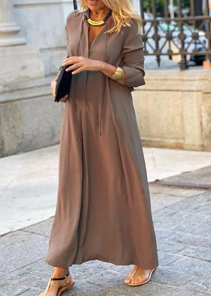 Simple Royal Blue V Neck Cotton Long Dress Fall - Image 2