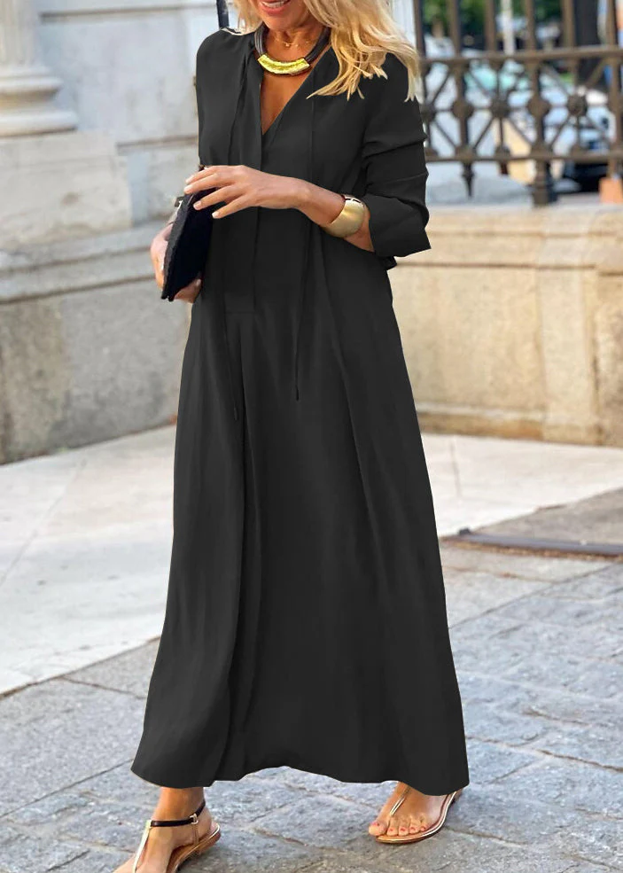Simple Royal Blue V Neck Cotton Long Dress Fall - Image 3