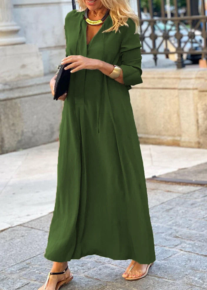 Simple Royal Blue V Neck Cotton Long Dress Fall - Image 4
