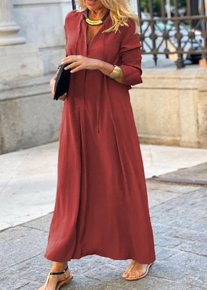 Simple Royal Blue V Neck Cotton Long Dress Fall - Image 5