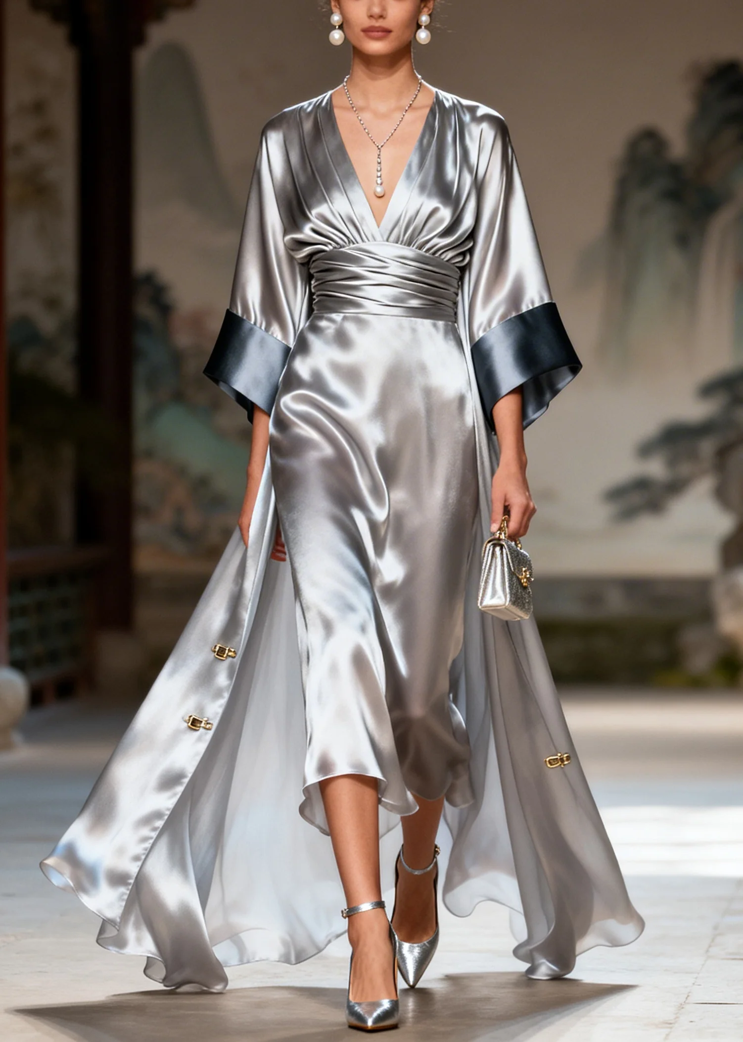 Simple Silvery Tunic Exra Large Hem Silk Party Dress Summer - Image 3