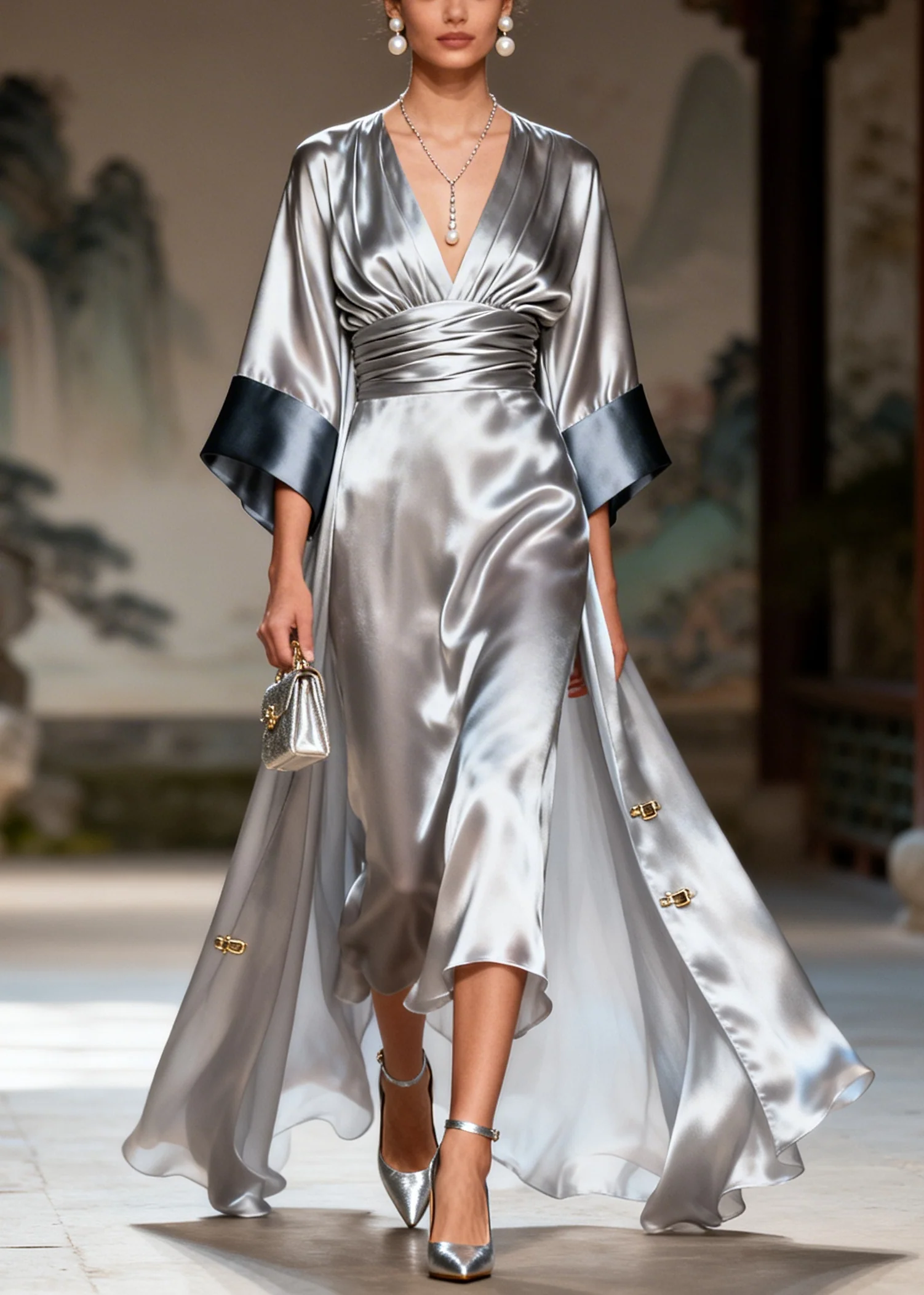 Simple Silvery Tunic Exra Large Hem Silk Party Dress Summer - Image 5
