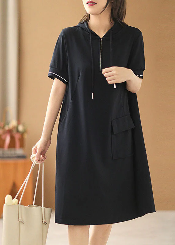 Simple Solid Navy Zippered Drawstring Hooded Pocket Cotton Sweatshirt Dress Short Sleeve - Image 2