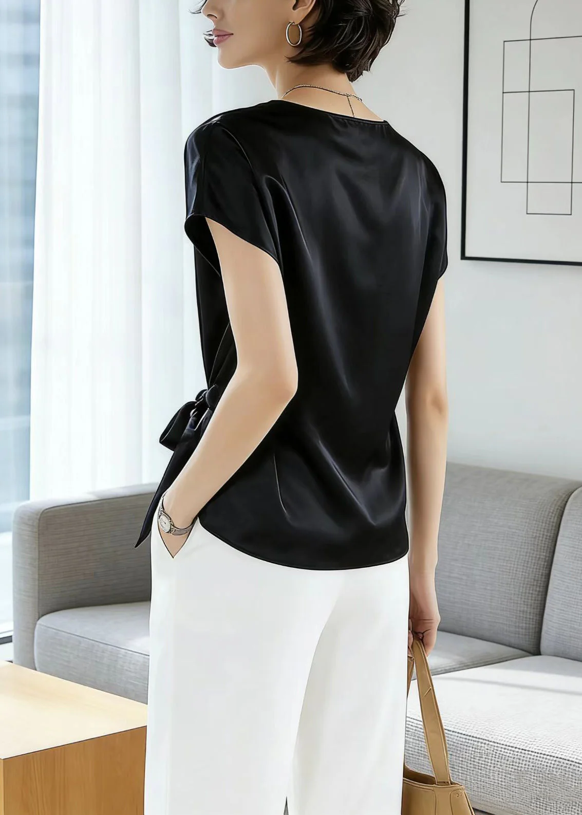 Simple Style Black O Neck Lace Up Silk Tops Summer - Image 3