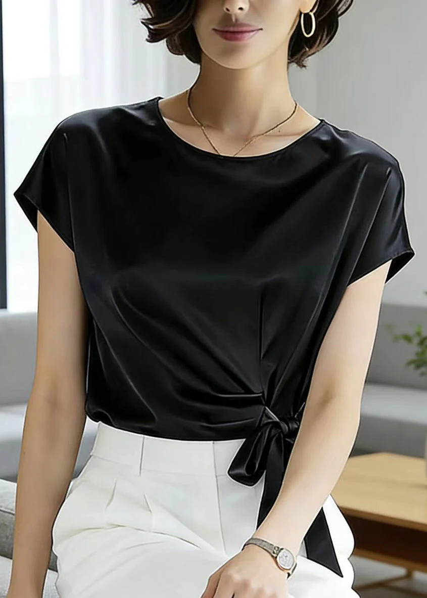 Simple Style Black O Neck Lace Up Silk Tops Summer - Image 4