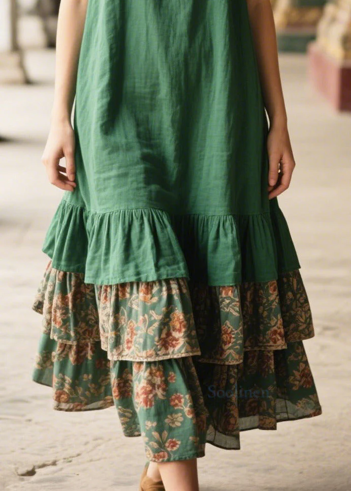 Simple Tea Green Oversized Patchwork Linen Mini Dress Summer - Image 4