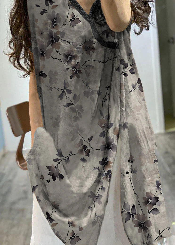 Simple v neck prints linen clothes side open loose Dress - Image 7