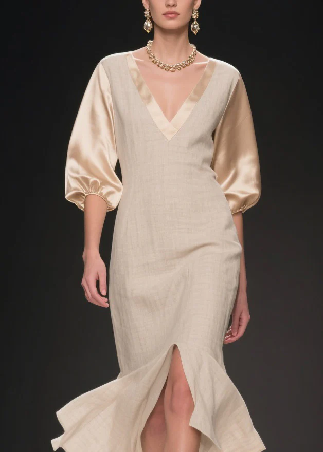 Simple V Neck Side Open Patchwork Linen Silk Dress Summer - Image 2