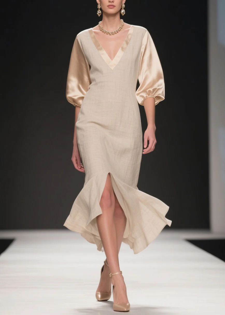Simple V Neck Side Open Patchwork Linen Silk Dress Summer - Image 3