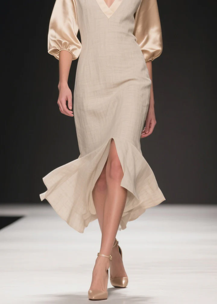 Simple V Neck Side Open Patchwork Linen Silk Dress Summer - Image 4