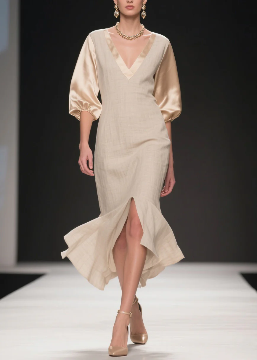 Simple V Neck Side Open Patchwork Linen Silk Dress Summer - Image 5